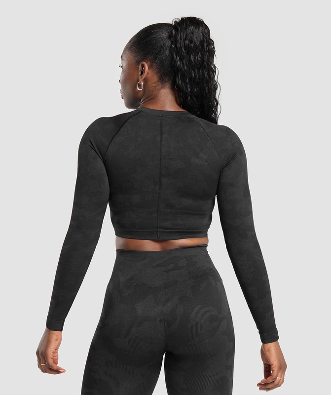 Gymshark Adapt Camo Long Sleeve Crop Top Black / Asphalt Grey | 84260JMXE