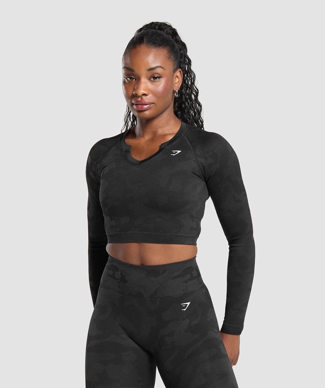 Gymshark Adapt Camo Long Sleeve Crop Top Black / Asphalt Grey | 84260JMXE