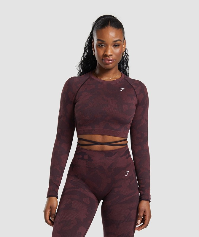 Gymshark Adapt Camo Seamless Long Sleeve Crop Top Plum Brown / Burgundy Brown | 90156EVAC