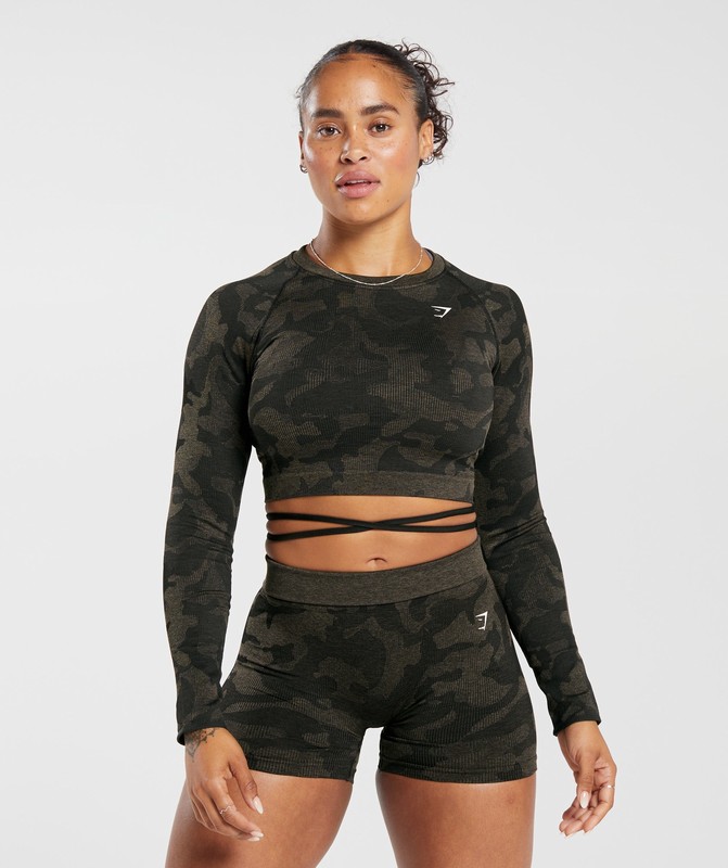 Gymshark Adapt Camo Seamless Ribbed Long Sleeve Crop Top Black / Camo Brown | 37612BIXL