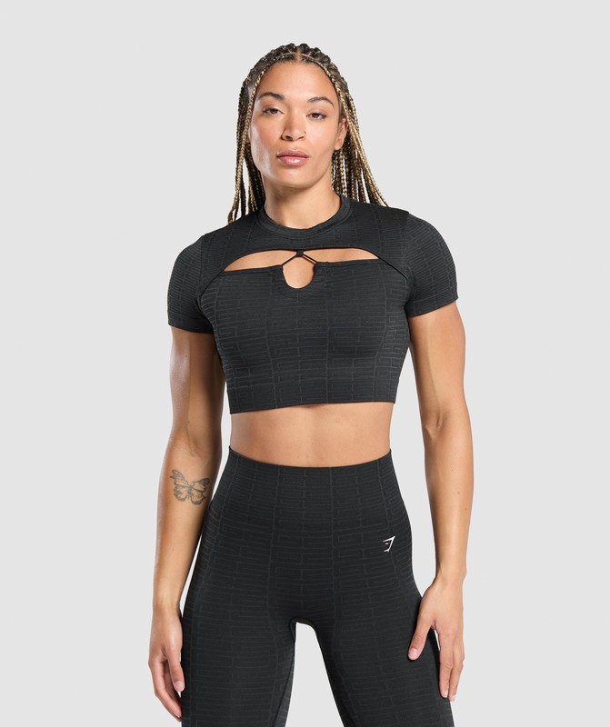 Gymshark Adapt Monogram Seamless Ruched Crop Top Black / Pitch Grey | 12390WTZS