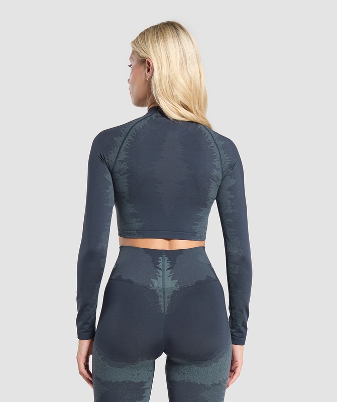 Gymshark Caged Seamless Long Sleeve Crop Top Heavy Blue / Iron Blue | 69301VOIL