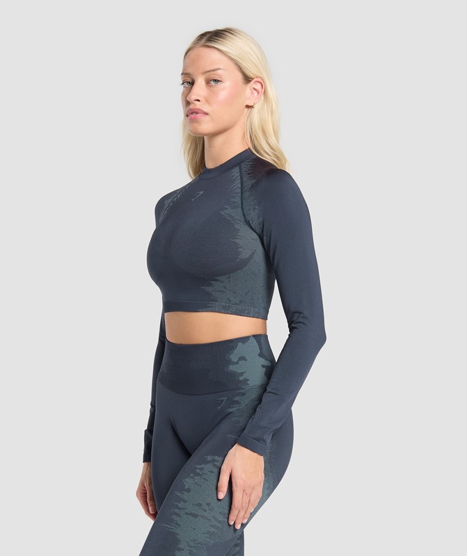 Gymshark Caged Seamless Long Sleeve Crop Top Heavy Blue / Iron Blue | 69301VOIL