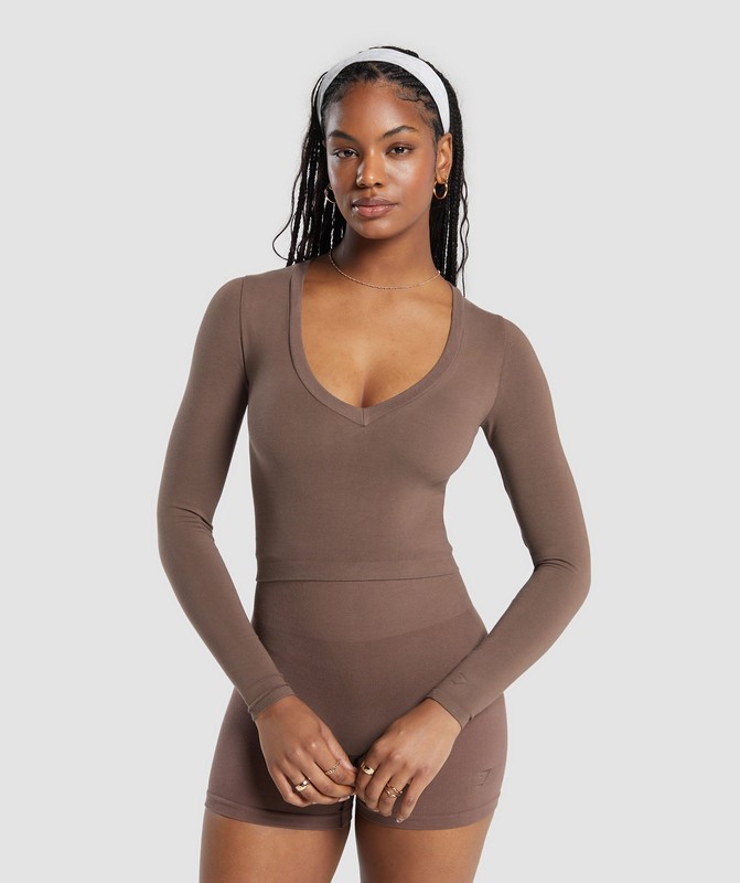 Gymshark Cotton Seamless Long Sleeve Midi Top Soft Brown | 12539JQRD
