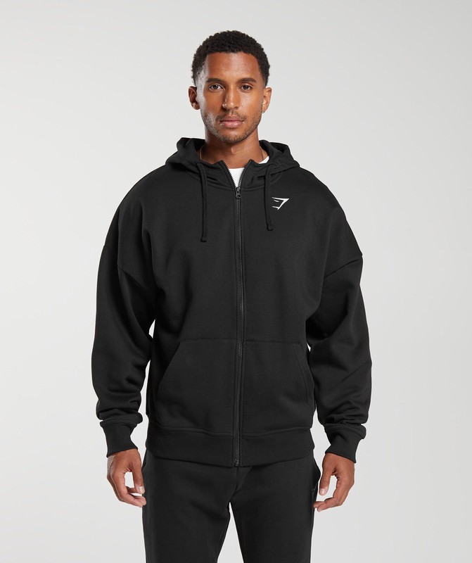 Gymshark Crest Oversized Zip Up Hoodie Black | 62917PFMA