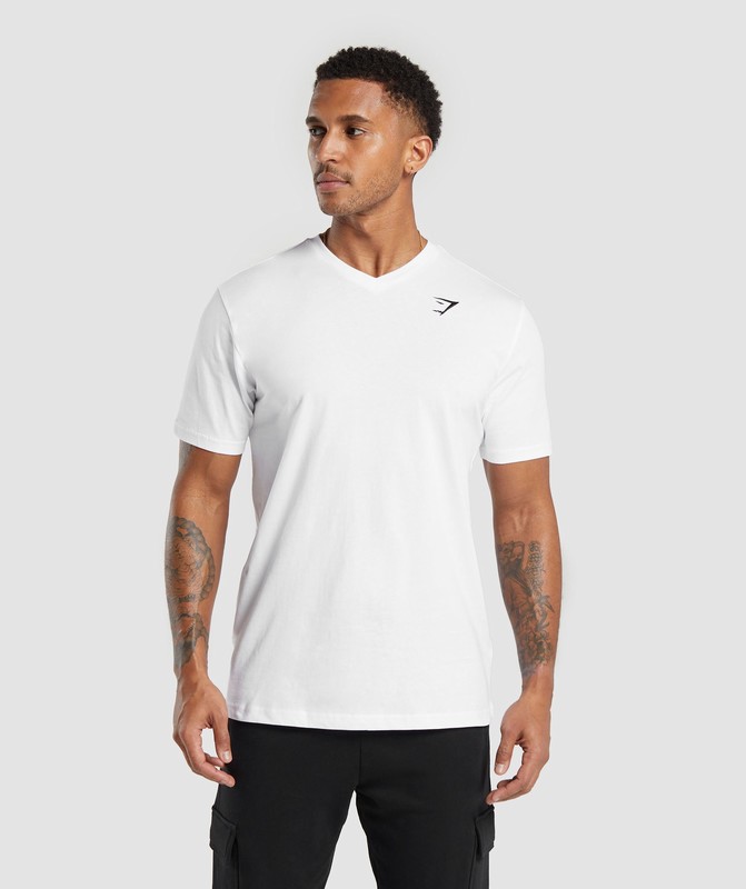 Gymshark Crest V-Neck T Shirt White | 57840IJFH