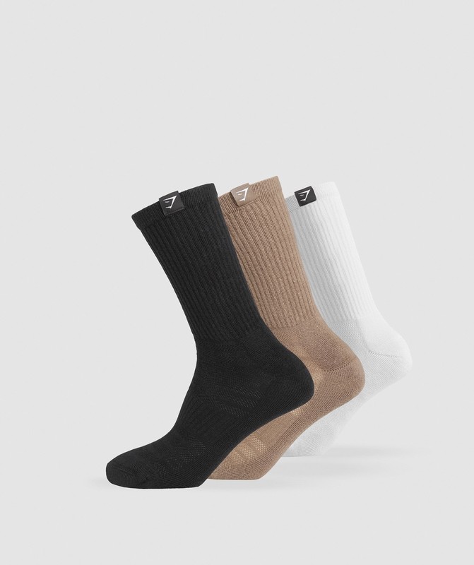 Gymshark GS x LD 3PK Socks White / Soul Brown / Black | 21408VSCD