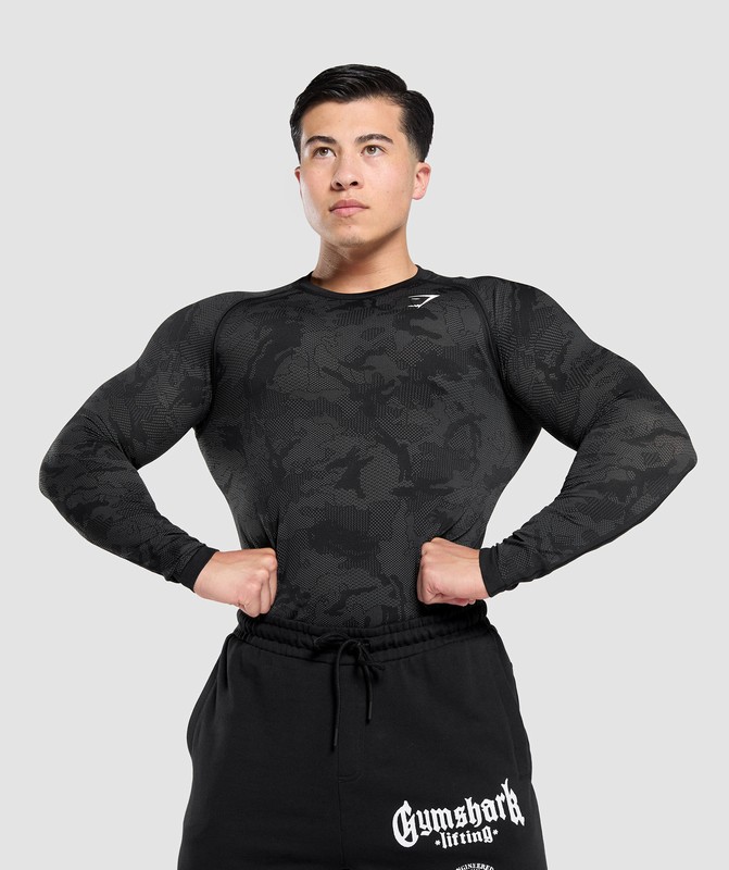 Gymshark Geo Seamless Long Sleeve T-Shirt Black / Charcoal Grey | 56231VXOC