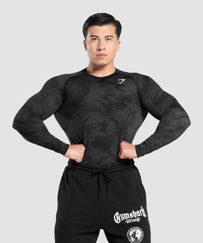 Gymshark Geo Seamless Long Sleeve T-Shirt Black / Charcoal Grey | 56231VXOC