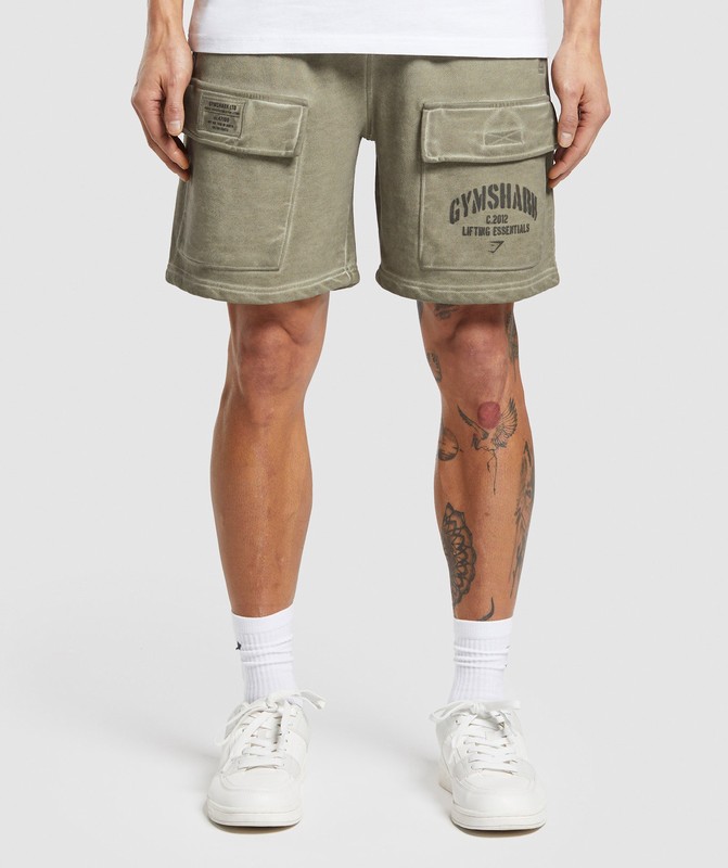 Gymshark Heavyweight Washed Cargo Shorts Utility Green | 89506CYKQ