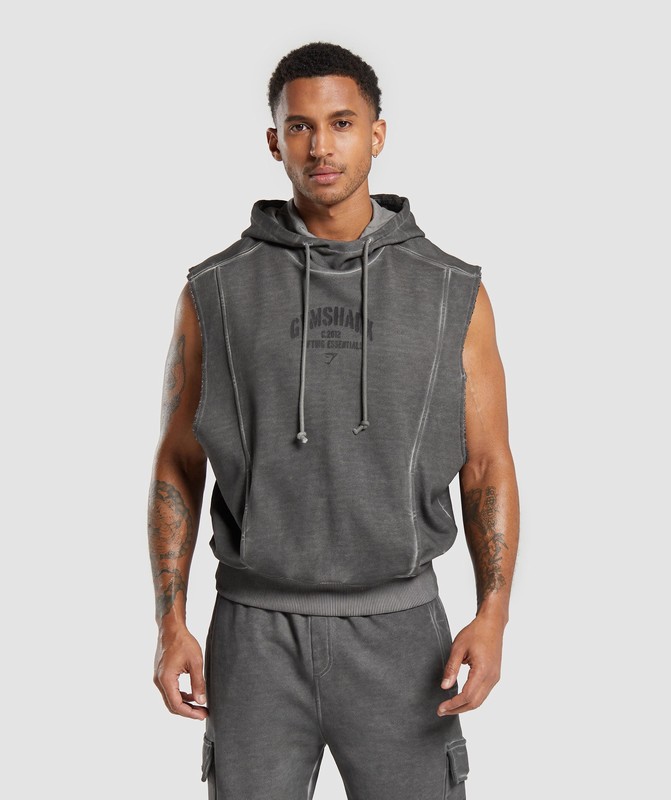 Gymshark Heavyweight Washed Cut Off Hoodie Black | 69417QNPK