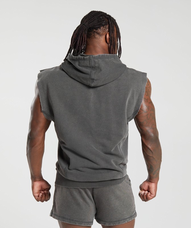Gymshark Heritage Washed Sleeveless Zip Hoodie Onyx Grey | 56397CWQG
