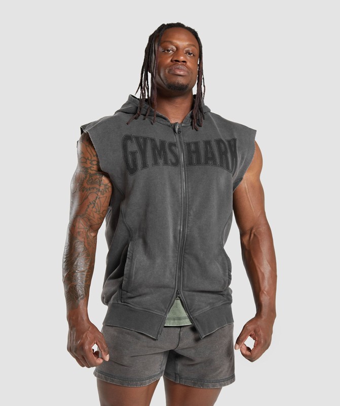 Gymshark Heritage Washed Sleeveless Zip Hoodie Onyx Grey | 56397CWQG
