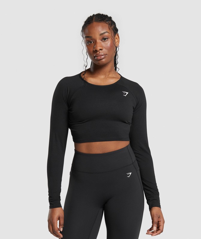 Gymshark Lifting Essential Long Sleeve Crop Top Black | 74360KGNO