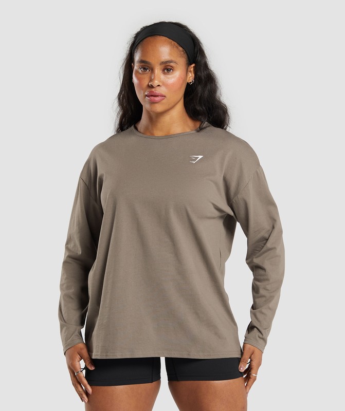 Gymshark Lifting Oversized Cotton Long Sleeve Top Camo Brown | 13587JAVQ