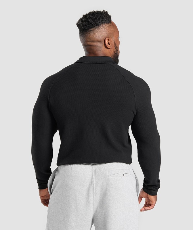 Gymshark Long Sleeve Waffle Polo Shirt Black | 54639ZPFY