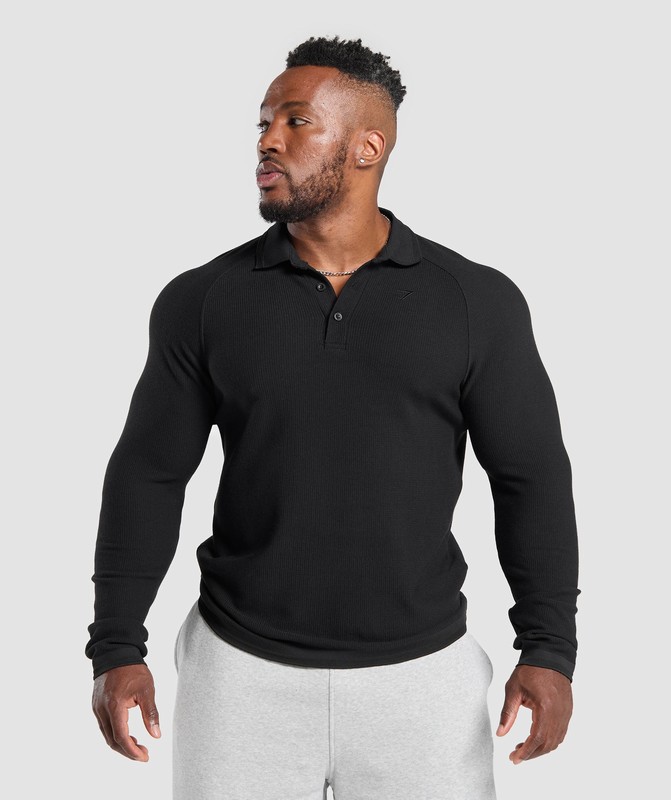 Gymshark Long Sleeve Waffle Polo Shirt Black | 54639ZPFY