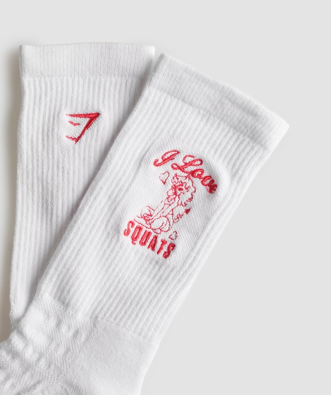 Gymshark Love Squats Graphic Crew Sock Single White / Jamz Red | 83025WQUF