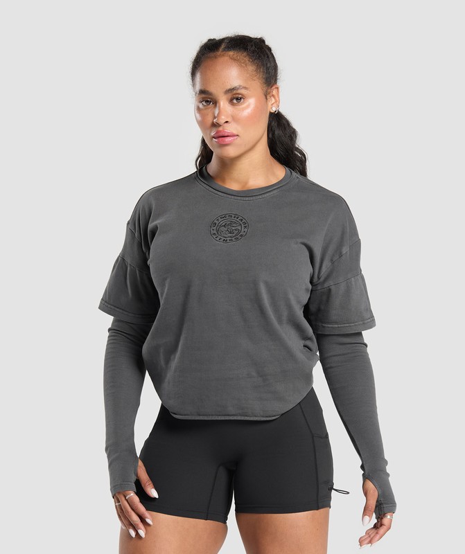 Gymshark Premium Legacy Washed 2-in-1 Long Sleeve Black / Pigment Dye | 89407SUMK