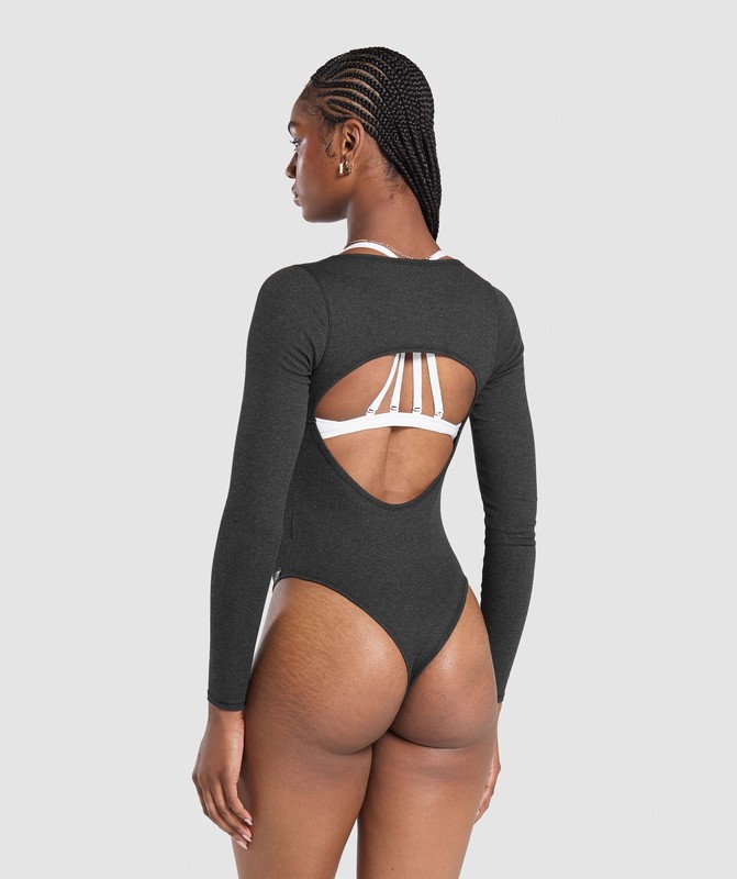Gymshark Ribbed Cotton Long Sleeve Bodysuit Black Marl | 90463BNIC
