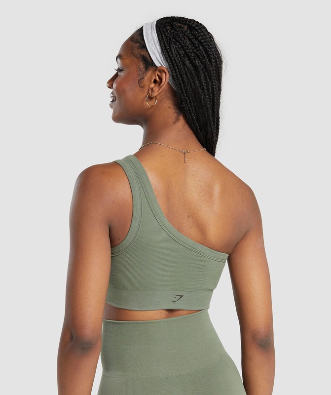 Gymshark Ribbed Cotton Seamless One Shoulder Bra Base Green | 78561TLHE