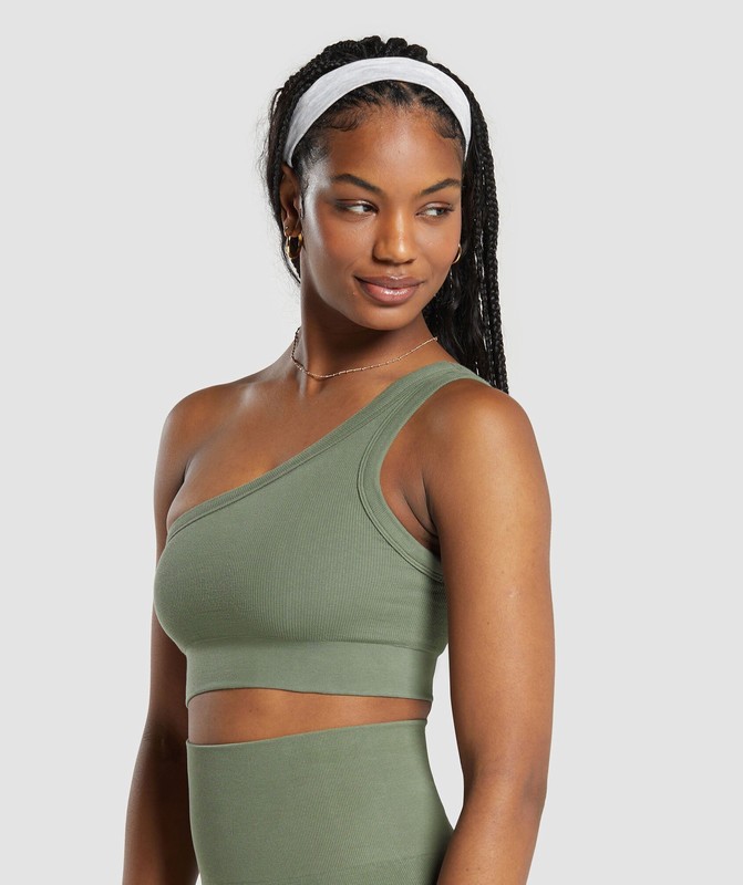 Gymshark Ribbed Cotton Seamless One Shoulder Bra Base Green | 78561TLHE
