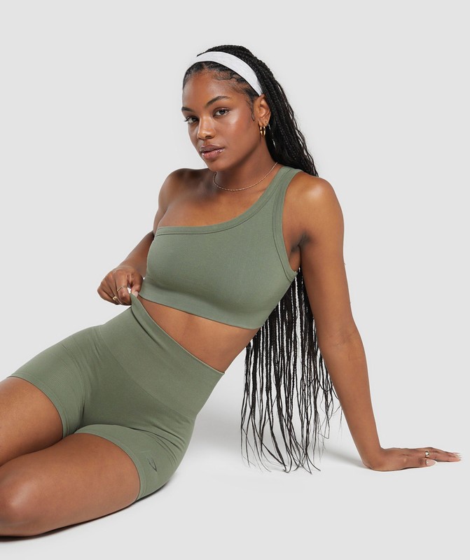 Gymshark Ribbed Cotton Seamless One Shoulder Bra Base Green | 78561TLHE