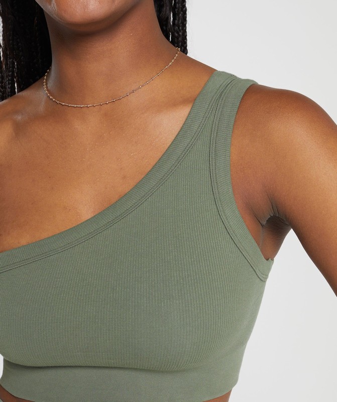 Gymshark Ribbed Cotton Seamless One Shoulder Bra Base Green | 78561TLHE