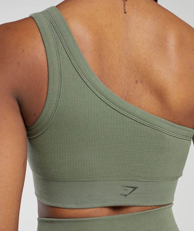 Gymshark Ribbed Cotton Seamless One Shoulder Bra Base Green | 78561TLHE