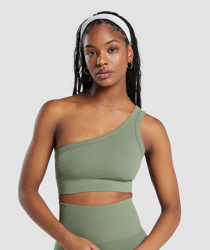 Gymshark Ribbed Cotton Seamless One Shoulder Bra Base Green | 78561TLHE