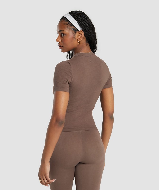 Gymshark Ribbed Cotton Seamless T-Shirt Soft Brown | 89507QMAE