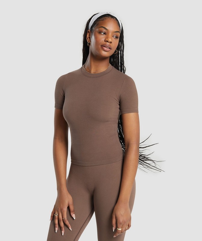 Gymshark Ribbed Cotton Seamless T-Shirt Soft Brown | 89507QMAE