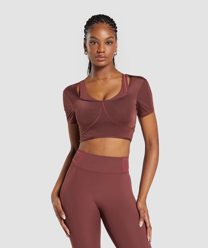 Gymshark Stitch Feature Crop Top Burgundy Brown | 12694FADV