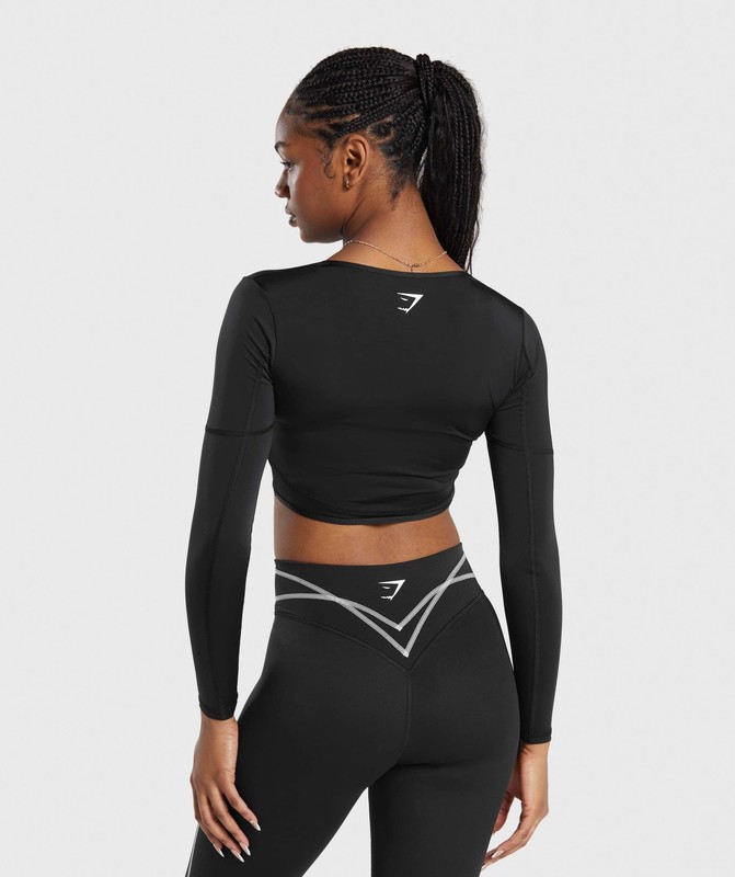 Gymshark Stitch Feature Long Sleeve Crop Top Black / Stock Black Marl | 82471GNXB