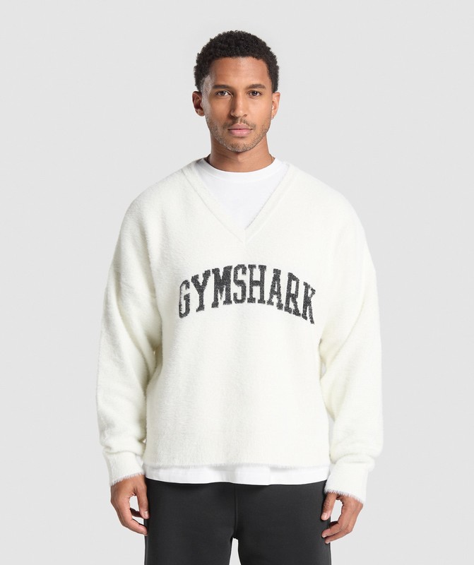 Gymshark V-Neck Knitted Jumper Skylight White | 64083BIEU