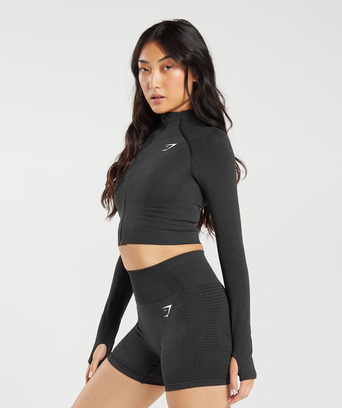 Gymshark Vital Seamless 2.0 Midi Zip Up Jacket Black Marl | 02958BNAG