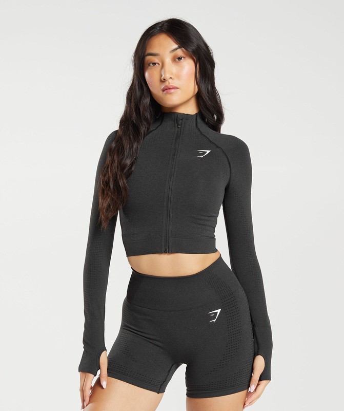 Gymshark Vital Seamless 2.0 Midi Zip Up Jacket Black Marl | 02958BNAG