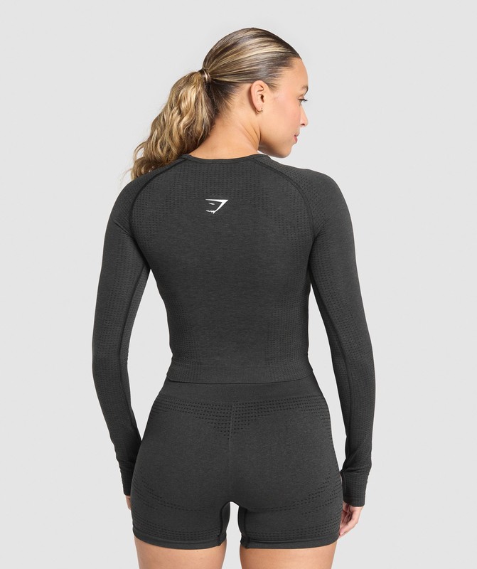 Gymshark Vital Seamless Long Sleeve Cut Out Top Black Marl | 15896JKMR