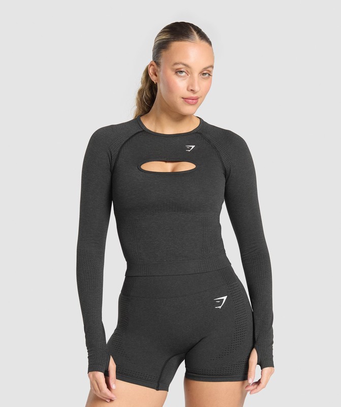 Gymshark Vital Seamless Long Sleeve Cut Out Top Black Marl | 15896JKMR