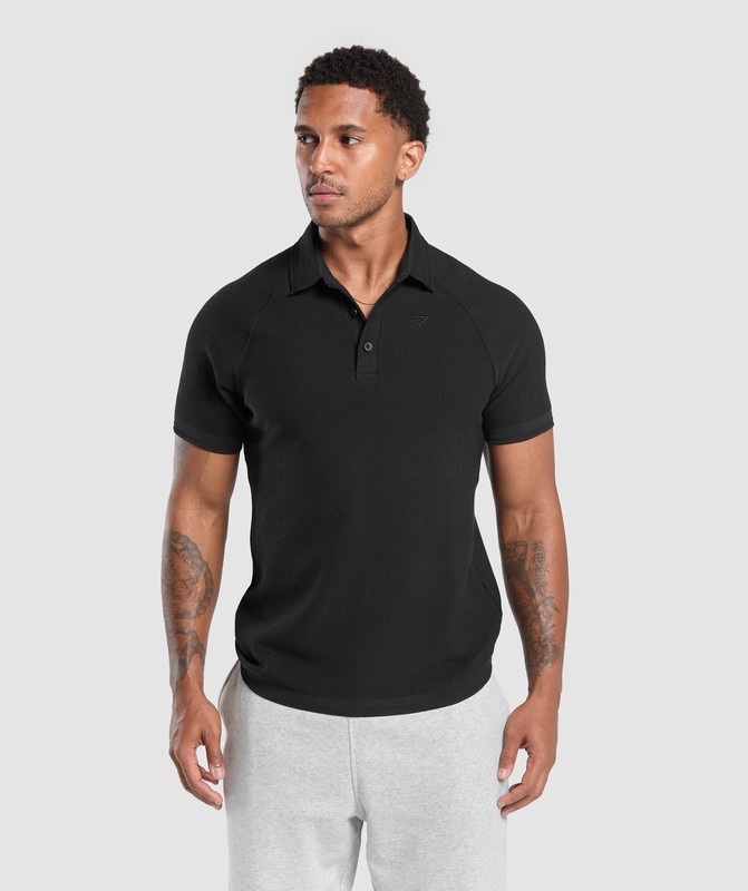 Gymshark Waffle Polo Shirt Black | 26349TUSE