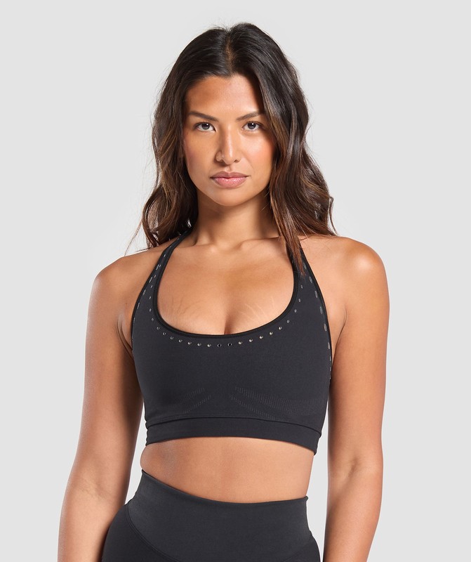 Gymshark Warp Knit Seamless Halter Neck Bralette Black / Linen Brown | 80264TDYK