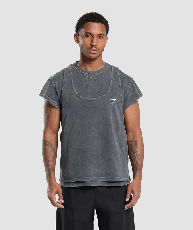 Gymshark Washed Double Layer T-Shirt Black | 07631HYQN